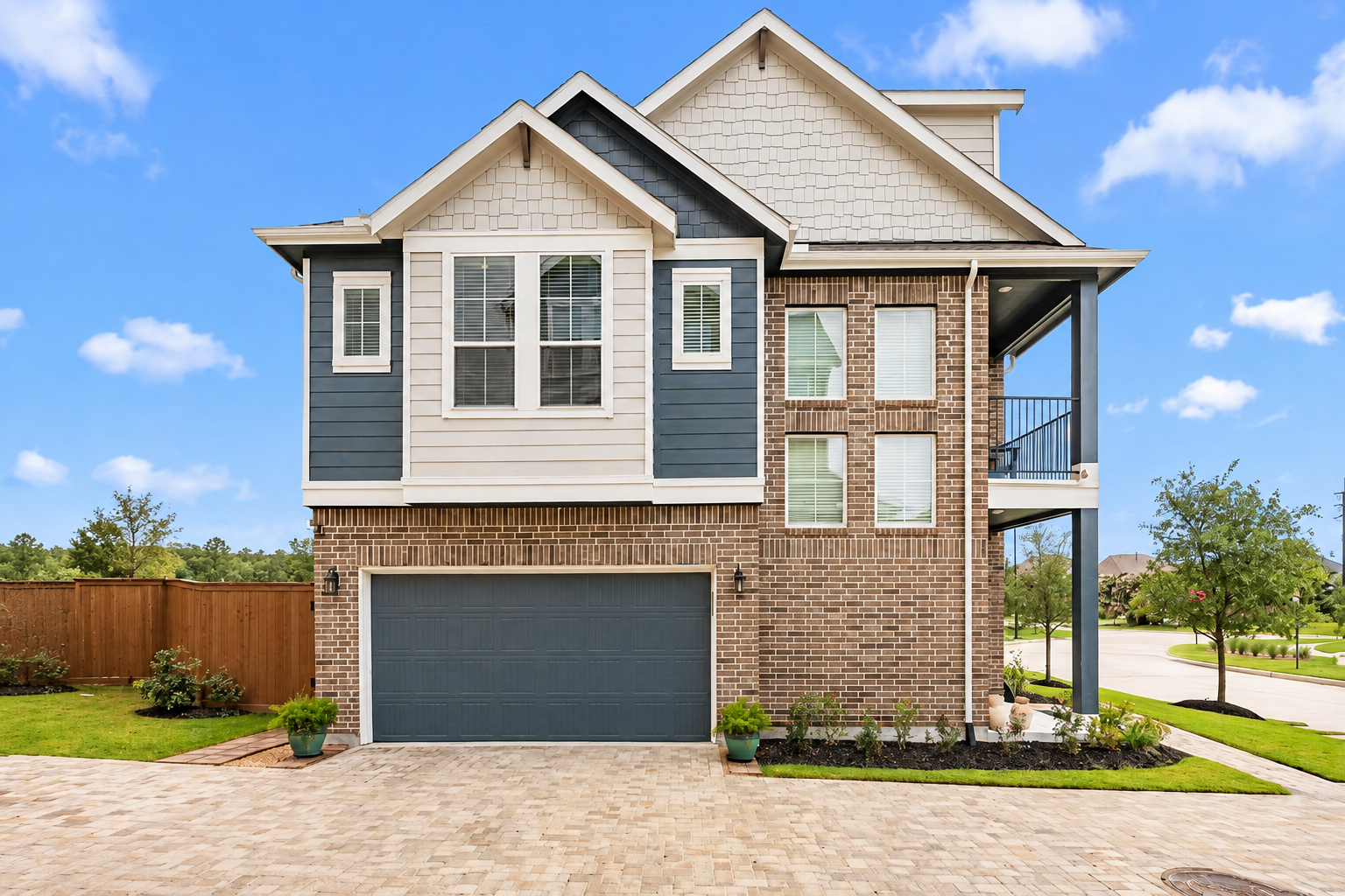 Two-story home with blue siding, brick exterior and a landscaped front yard
